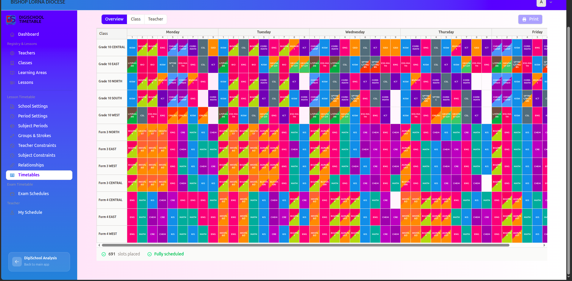 DigiSchool Timetable — Full school overview grid with color-coded lessons